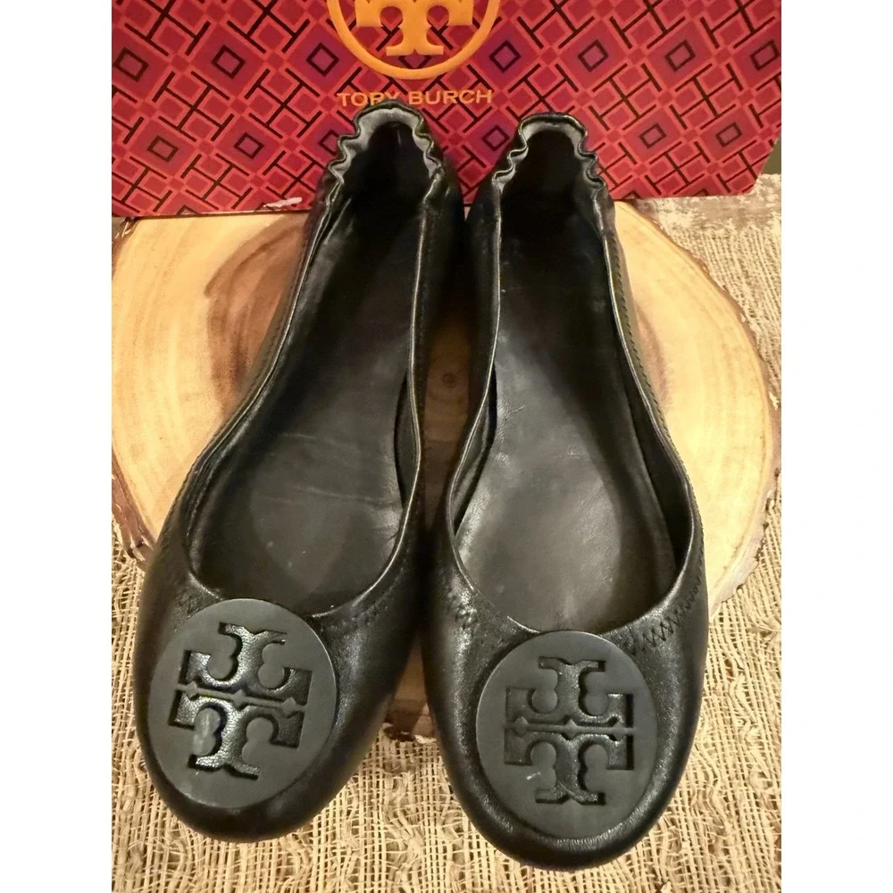 Tory Burch Minnie Travel Matte Black Leather Round Toe Ballet Flats Size 6.5